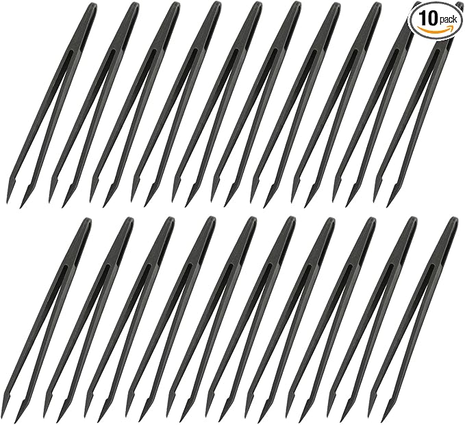 Auniwaig 10pcs Precision Plastic Tweezers, Slant Point Tip Anti-Static Tweezers for Jewelry Craft DIY Beauty Electronics Repair Tool, (4.7 Inch, Black02)
