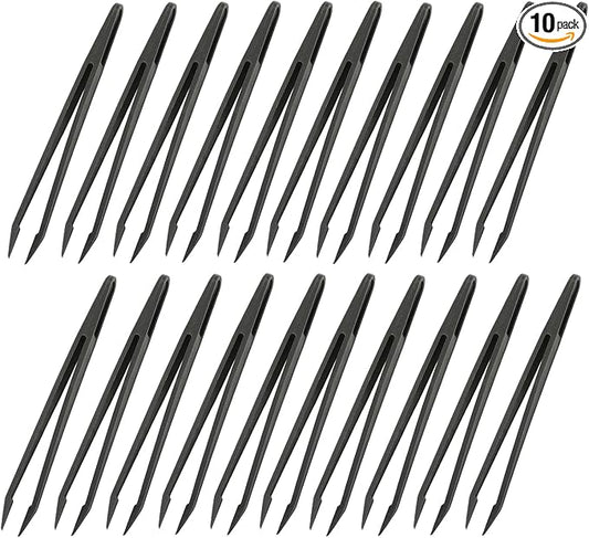 Auniwaig 10pcs Precision Plastic Tweezers, Slant Point Tip Anti-Static Tweezers for Jewelry Craft DIY Beauty Electronics Repair Tool, (4.7 Inch, Black02)