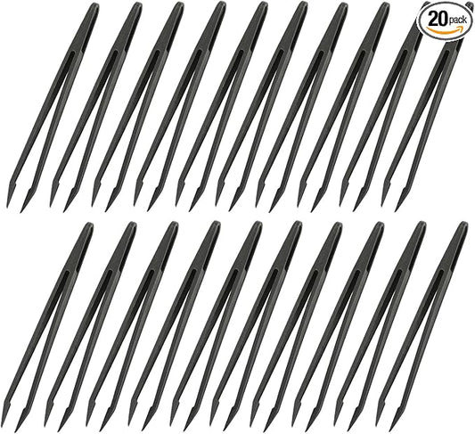 Auniwaig 20pcs Precision Plastic Tweezers, Slant Point Tip Anti-Static Tweezers for Jewelry Craft DIY Beauty Electronics Repair Tool, (4.7 Inch, Black02)