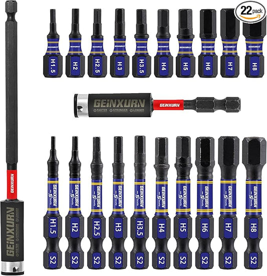 22 Pieces 1 In./2In Multi Hex Head Impact Tough Magnetic Allen Wrench Drill Bits Set, Metric Power Bits Set, S2 Steel Hex Screwdriver Bit set with 3???쒮xtension Bit Holder