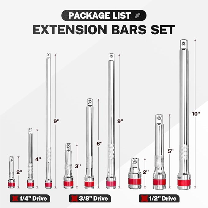 BILITOOLS 9 PCS Ratchet Extension Set, 1/4" 3/8" 1/2" Drive Extension Set, CR-V Steel with Mirror Chrome Plating, EVA-Foam Tray