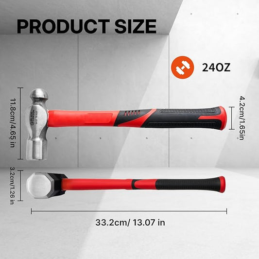 BLACK CANYON Ball Peen Hammer 24 oz – Dual-Head Forged Carbon Steel Ballpeen Hammer with 14” Fiberglass Handle – Durable Metalworking Hammers for Automotive & DIY