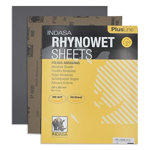 Indasa 50 PCS 9x11??Rhynowet Wet & Dry Sandpaper Sheets, 180 GRIT, Clog-Resistant Abrasive for Wood, Metal, Auto, Paint & Clear Coat Finishing, Sand Paper, Aluminum Oxide, Plusline