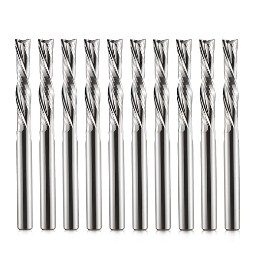 HOZLY Spiral Router Bits 2 Flutes Down Cut 1/8 inch Cutting Diameter, 1/8 inch Shank 17mm(0.669") Cutting Length Solid Carbide CNC Bits End Mill for Wood Cut Carving Engraver Pack of 10