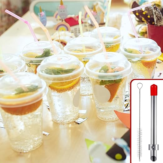 Lasnten 1 Pack Straw Puncher for Plastic Lids Lemonade Cups, Stainless Steel Straw Hole Puncher Punching Tools for Cafe Drinks Deli Container Fresh Squeezed Lemonade Stand Supplies(6.3 Inch,Red)