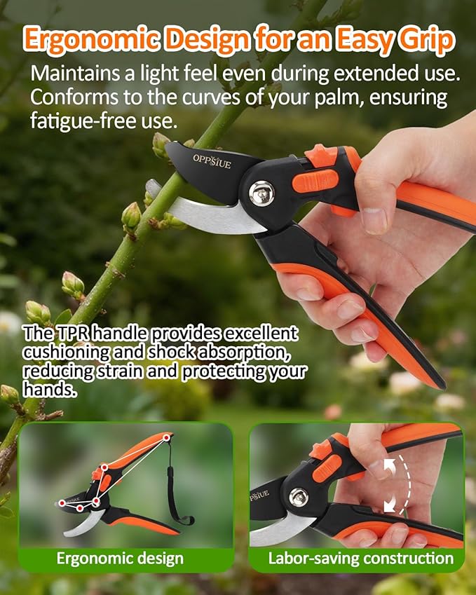 8" Pruning Shears for Gardening, Professional Japanese SK5 Steel Garden Scissors with Teflon Coating, Adjustable 25mm Cutting Range, Safety Lock, Ideal for Branches, Flowers & Bonsai