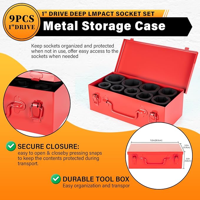 1" Drive Jumbo Impact Socket Set,9 PCS SAE (1to 2 INCH) Universal Hex Deep Socket Combination,CR-MO Alloy Steel,Heavy Duty Storage Case