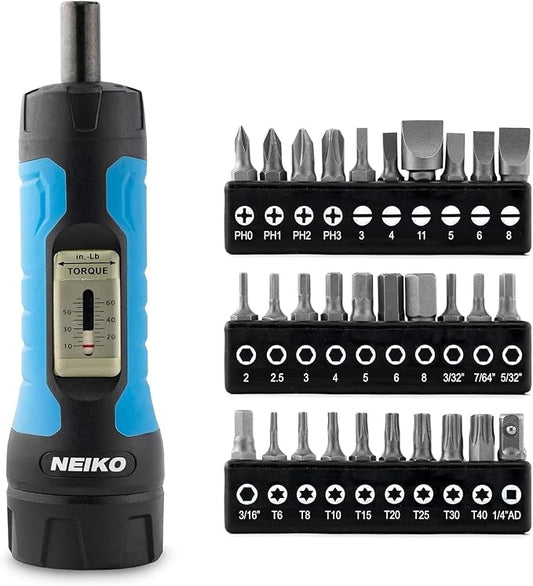 Neiko 10574A 1/4??Drive Torque Wrench Screwdriver Set | 30 Pieces of S2 Steel Philips, Hex, Slotted, and Torx Bits | 10 to 60 Inch-Pounds Torque Adjustment Range | Firearms Accurizing and Gunsmithing