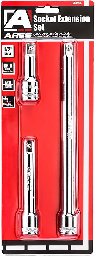 ARES 70245-3-Piece 1/2-Inch Drive Socket Extension Set - Includes 3-Inch, 5-Inch and 10-Inch Extensions - Premium Chrome Vanadium Steel with Mirror Finish