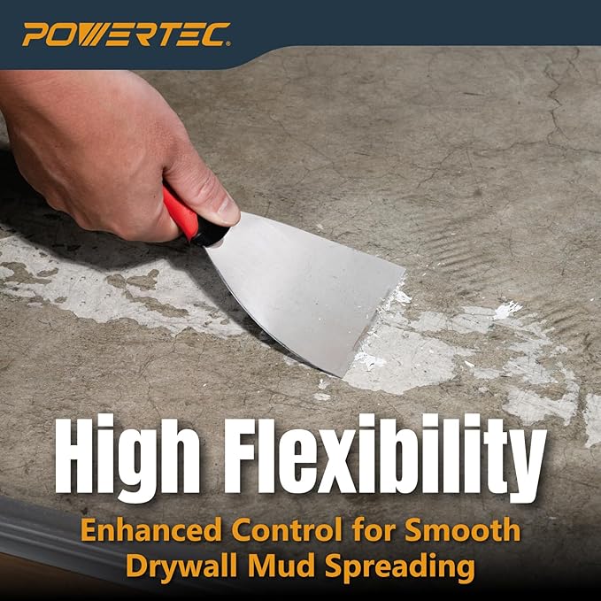 POWERTEC 4-Inch Stainless Steel Drywall Joint Knife - Flexible Blade, Soft Grip, for Patching, Taping, Scraping (72172)