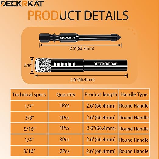 DECKRKAT 10-Piece Dry Diamond Drill Bits & TileDrill Bits - 3/16"(x2), 1/4"(x3), 5/16", 3/8", 1/2" + 1/4"(x2) Masonry Bit for Tile,Ceramic, Porcelain,Marble,Granite.