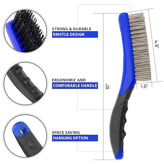 Wire Brush Set-Heavy Duty Stainless & Carbon Steel Bristles with Plastic Handle Grip for Rust, Wielding Slag, Dirt & Paint Scrubbing with Deep Cleaning ??10 Inches (Pack of 2-Blue)
