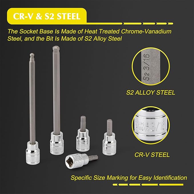 EMENTOL 38PCS 3/8" Drive Hex Bit Socket Set, CR-V, S2 Steel, SAE/Metric, Extra Long Ball-End and Standard Allen Hex Bit Socket Set, 1/8 Inch - 3/8 Inch, 3mm - 10mm