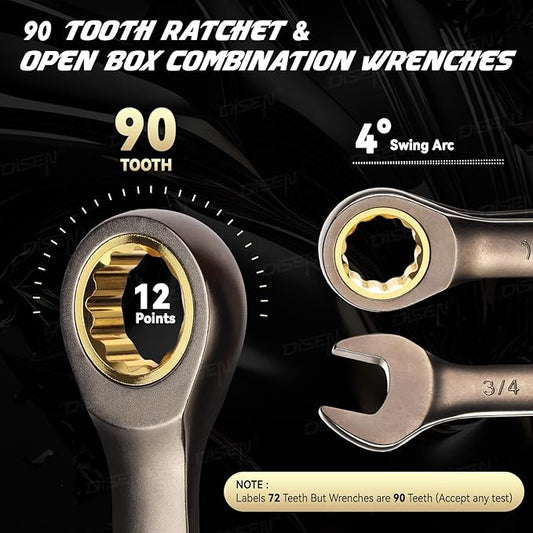 DISEN 26 Piece Ratcheting Wrenches Set 90 Teeth, Combination Wrenches Set Metric 6MM-19MM and SAE 1/4 Inch-13/16 Inch, Cr-V Steel, Ratchet Set Nickel Plating with Organizer Visit the Store