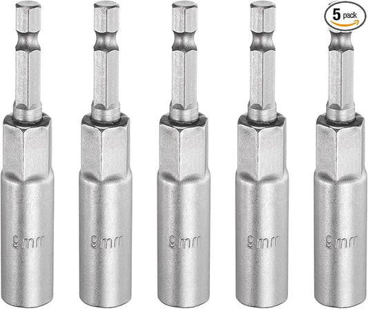 HARFINGTON 5pcs Nut Driver Drill Bit 9mm Metric Socket 1/4" Hex Shank 3.15" (80mm) Long 6-Point Sockets Quick Change CR-V Steel Bolt Setters for Power Drill Drivers