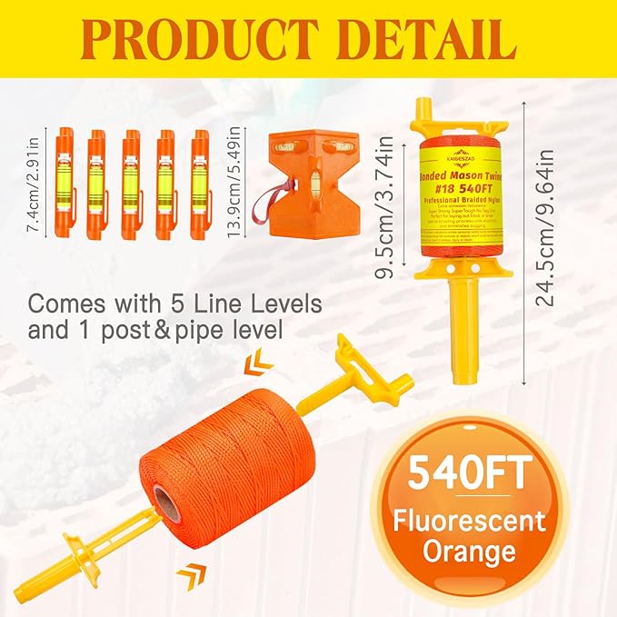 Mason Line 540 FT #18 Braided Nylon Mason String with Post & Pipe Level & 5 Built-in Levels and Spool Construction Line,String Level Line Kit for Gardening Or Masonry Tools, Kite Twine String or DIY