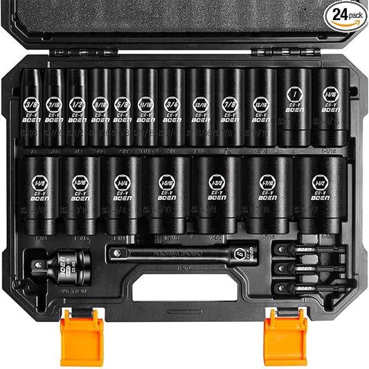 boen 1/2??Drive SAE Impact Socket Set, 3/8" to 1-1/2" Deep Socket, 6-Point Hex Socket with Portable Case, Rugged Construction, CR-V Steel, 24PCS