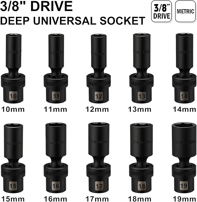 Mayouko 10 PCS 3/8" Drive Deep Universal Impact Socket Set, 6 Point, Metric,10-19mm