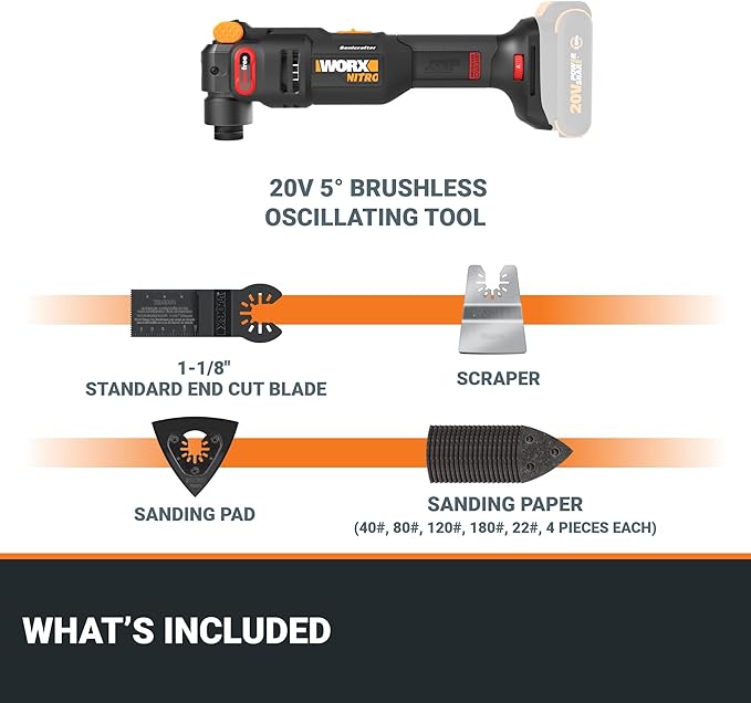 Worx Nitro 20V Cordless Oscillating Multi Tool with 5째 Oscillation Angle, VibraFree Technology, Slim-body Design, Tool Only, 23 Pieces Accessories with Carrying Bag, WX698L.9