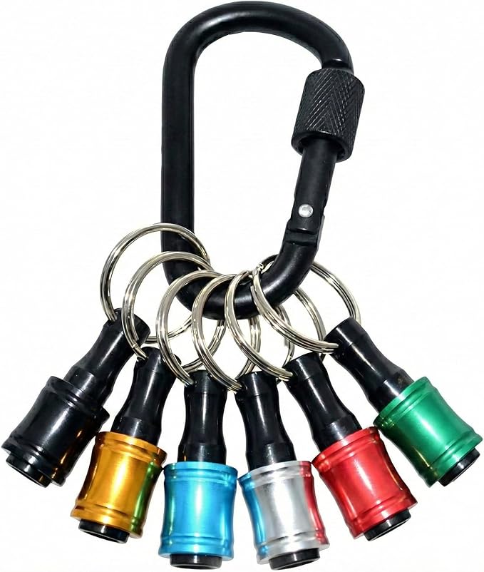 6 Pack 1/4inch Hex Shank Bit Holders with Quick Release Keychain - Aluminum Alloy Drill Bit Carrier for Screwdriver/Nut Driver, Color Coded Tool Organizer