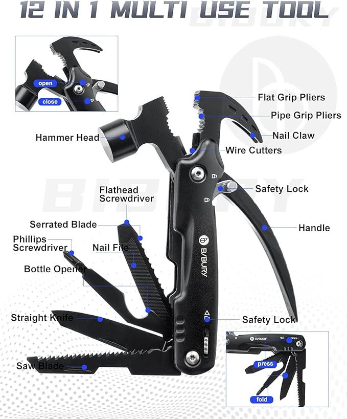 BIBURY Hammer Multitool, Christmas Stocking Stuffers for Men, 12-in-1 Survival Gear Outdoor Multi Tool, Gifts for Men Dad Him Husband, White Elephant Gifts for Adults, Anniversary Christmas Gifts