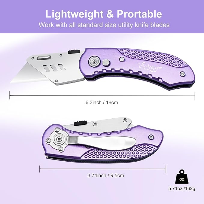 Vickay Folding Utility Knife, Box Cutter with 5 SK5 Quick Change Blades, Safety Axis Lock Design Razor Knife, Lightweight Aluminum Handle Belt Clip for Office Home Artcraft 竊뉽ight Purple)