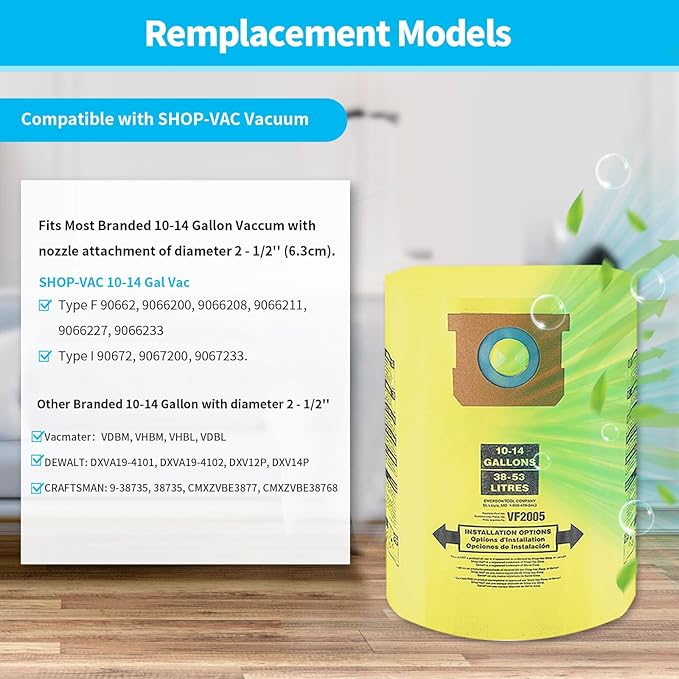 9 Packs 90672 Type I High Efficiency Dust Collection Bags for 10-14 Gallon Vacuum Bags Type I and Type F 90672 9067200 9067233 90662 9066200 9066233 Part VF2005