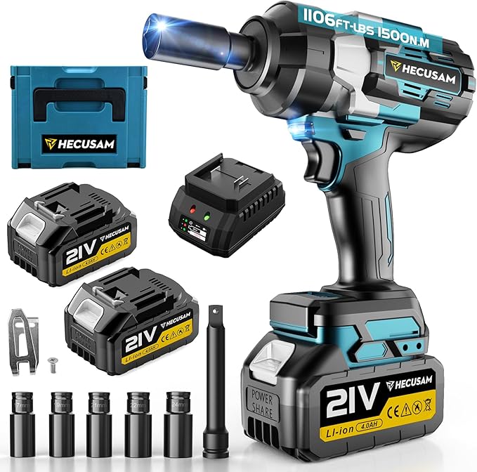1/2" Cordless Impact Wrench, 1106Ft-lbs (1500N.m) Brushless Impact Gun, 2x4.0Ah Batteries, Max 4200RPM with Reverse Auto-Stop & LED Light for Car Truck Lug Nuts, Auto Repair, Industrial & DIY
