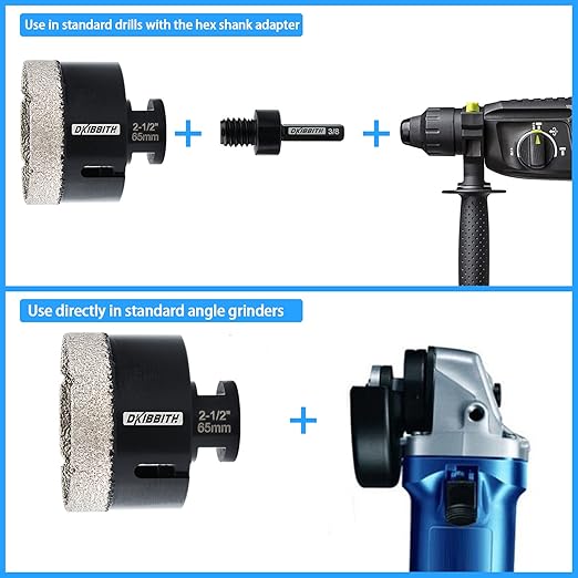 2-1/2'' Dry Diamond Hole Saw, 65mm Hole Saw Brazed Core BitGranite Tile Quartzite Marble Porcelain Ceramic Stones5/8-11 ThreadAngle Grinders and 3/8'' Hex ShankElectric Drills Black
