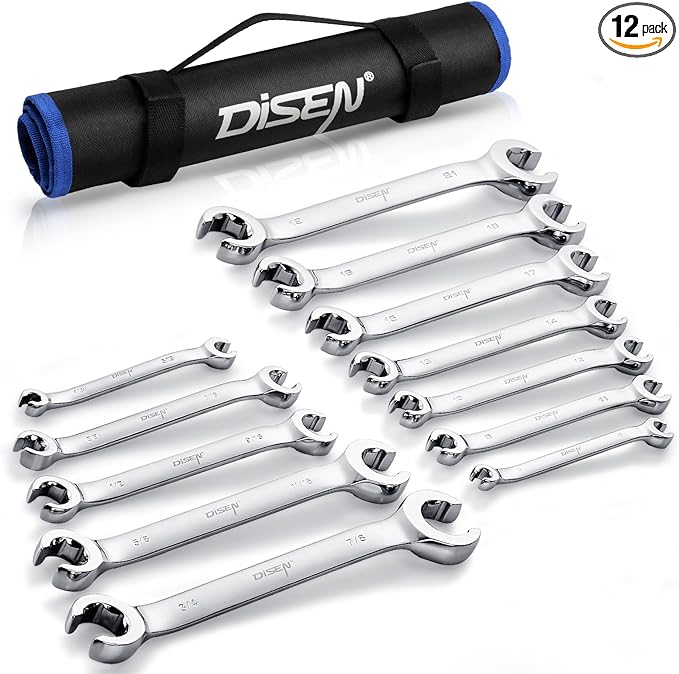 DISEN Flare Nut Wrench Set Metric and SAE 12-Piece Inch1/4 to 7/8" & 6-21mm, CR-V Steel Brake Line Wrench Set with Organizer Pouch,Father's Gift