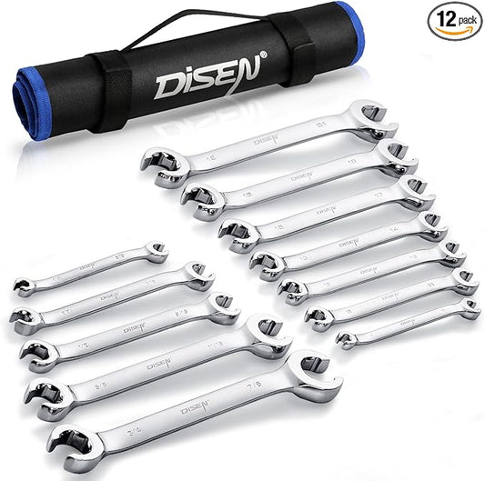 DISEN Flare Nut Wrench Set Metric and SAE 12-Piece Inch1/4 to 7/8" & 6-21mm, CR-V Steel Brake Line Wrench Set with Organizer Pouch,Father's Gift