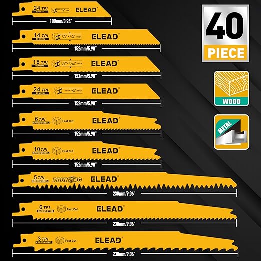 40-Piece Bi-Metal Reciprocating Saw Blade Set, Premium 4 & 6 & 9 Inch Wood & Metal Cutting Saw Blades with Storage Pouch, Long-Lasting Pruning Blades