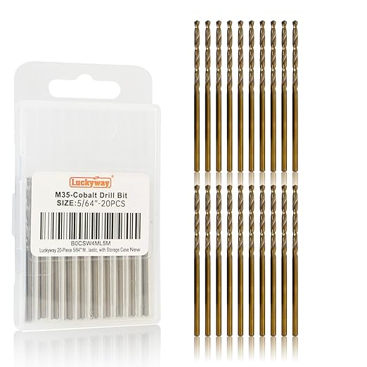 Luckyway 5/64" Cobalt Drill Bit (20 Pcs), Jobber Length Twist Drill Bit Set for Hard Metal, Stainless Steel, Cast Iron, Wood and Plastic, with Storage Case