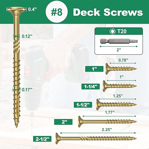 #8 x 1-1/2” Deck Screws, 100Pcs Star Drive Wood Screws, Rust Resistant Timber Screws for Timber/Log/Landscaping Wood, T20 Star Bit Included, Gold
