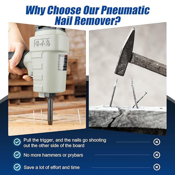 WOODPECKER WTB60 Professional Pneumatic Nail Remover Gun, Air Nails Puller,Nails Puncher for Denailing & Recycling, Pneumatic Nails Puller Removes Nails Range Less Than 0.19'' (5mm)