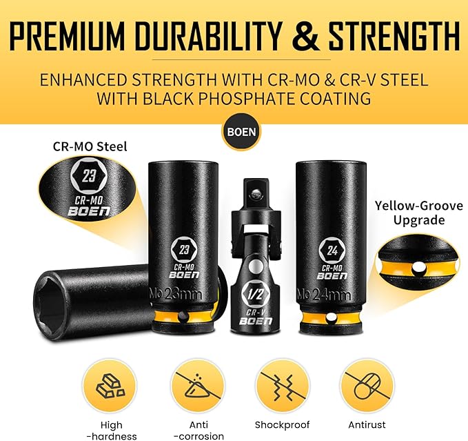 BOEN Pro 1/2" Drive Metric Deep Impact Socket Set, 21-Piece CR-MO &CR-V Steel, Upgraded Torque & Durability, 10mm-24mm, Includes Extension Bars, Universal Joint, Adapter ??Meets ANSI