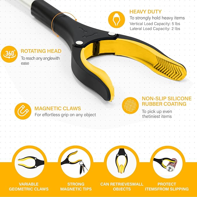 Grabber Reacher Tool -2 Pack 32??Reacher Grabber Tool with Strong Magnetic and Swivel Head - Pick Up Stick Grabbers for Seniors, Trash, Surgery Recovery Must Haves Gifts(Yellow)