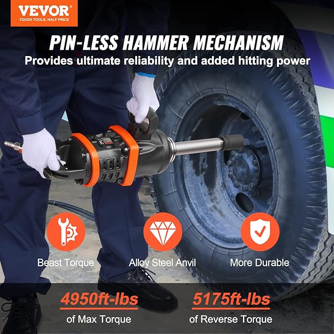 VEVOR 1 Inch Air Impact Wrench, Up to 5175 ft-lbs Beast Reverse Torque Output Pneumatic Impact w/ 8 Inch Anvil for Heavy Duty Machinery/Semi-Truck/Bus