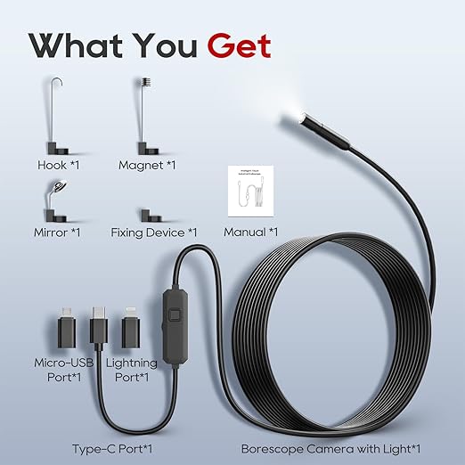 TOPDC Endoscope Camera with Light, 1920P HD Scope Camera, 8 LED Adjustable Inspection Borescope for Android and iOS, 16.4ft Semi-Rigid Snake Cable, IP67 Waterproof