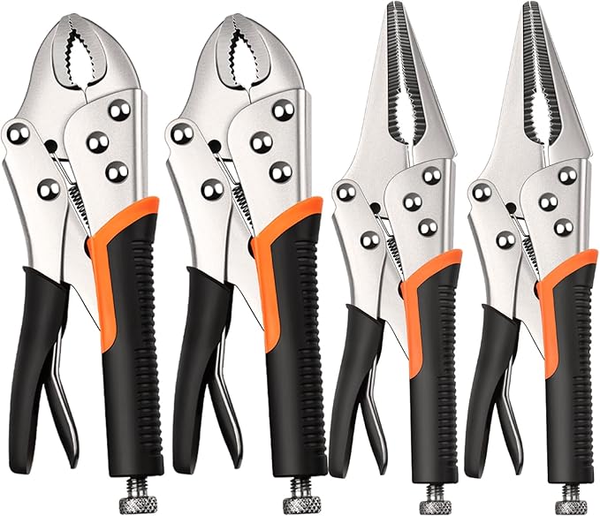 4-Pack Locking Pliers,Vice Grips Pliers Set 2PCS 10"Curved Jaw,2PCS 9-1/2" Needle Nose Vise Grips for welding,Metal Bending,Woodworking,Ergonomic Handle