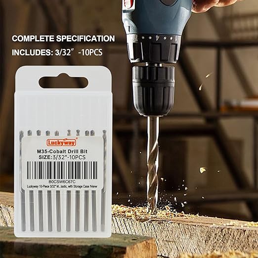 Luckyway 5/32" Cobalt Drill Bit (10 Pcs), Jobber Length Twist Drill Bit Set for Hard Metal, Stainless Steel, Cast Iron, Wood and Plastic, with Storage Case