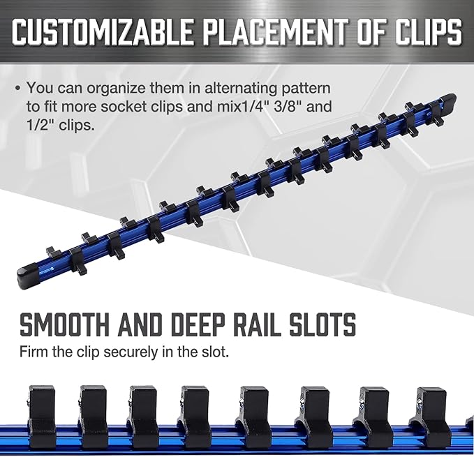 ALOANES 3-Piece 1/4-Inch Drive Aluminum Alloy Socket Organizer, Heavy Duty Socket Racks, Socket Holder Kit for Toolbox Drawer Fit 1/4-Inch x 72 Clips (Blue)
