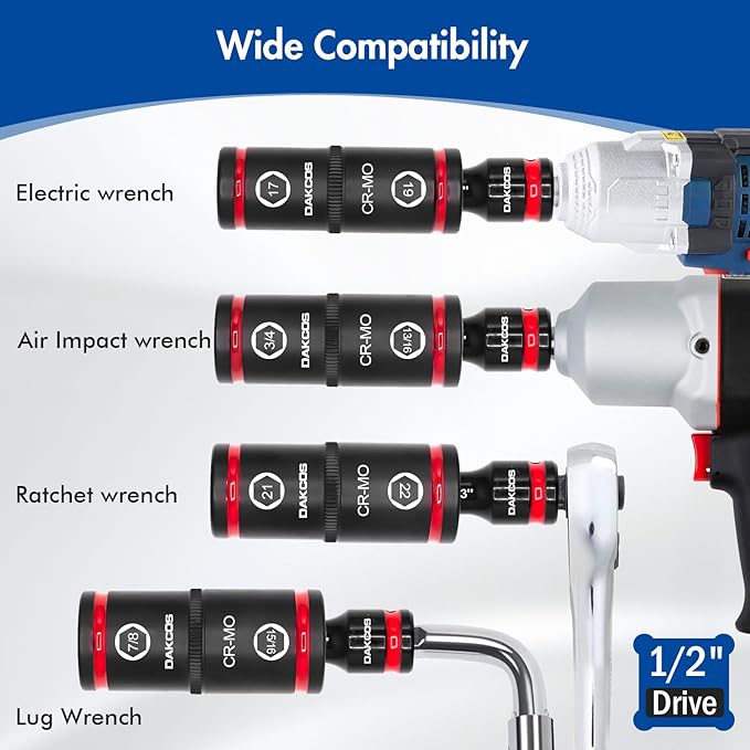 Lug Nut Impact Socket Set,Double Ended Thin Wall Wheel Socket Set with 3" Extension Bar, Metric 17-19 21-22 mm & SAE 3/4"-13/16", 7/8"-15/16", Cr-Mo Steel