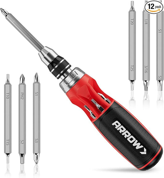 ARROW Ratcheting Screwdriver, 12-IN-1 Multi Bit Ratchet Screwdriver set, Premium S2 Steel Screw Drivers, Innovated Bits Quick-Load Mechanism, with Phillips, Slotted, Torx, Square Bits Stored in Handle