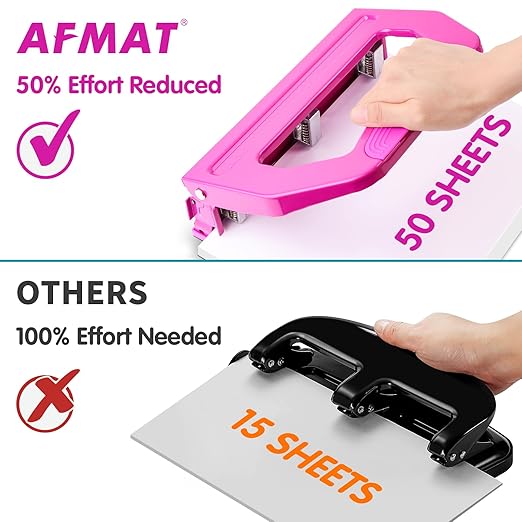 AFMAT 3 Hole Punch Heavy Duty, 9/32" Holes, 50-Sheet Hole Puncher 3 Ring, 50% Reduced Effort, Adjustable Two & Three Hole Punch, Metal Paper Puncher w/Large Chip Tray, Metal Paper Guide, HP18