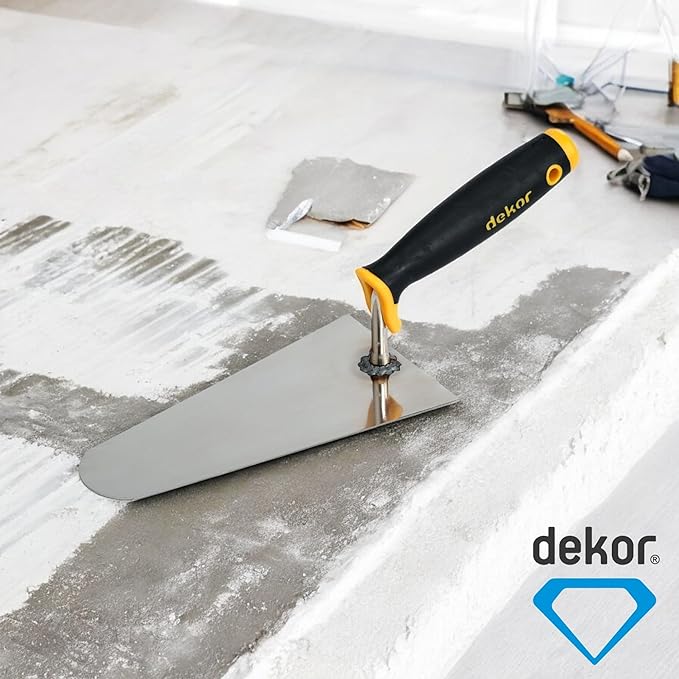 DEKOR Plaster and Brick Trowel - Size 8" - German Stainless Steel Ensures Rust-Free Performance for Masonry Tools, Bricklaying, Plastering - Commercial and DIY Use - Made in Europe - Soft Grip