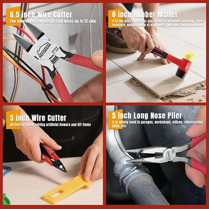 8-Piece Tool Set with Case Including 10??Groove Joint Pliers, 8.3??Long Nose, 8.3??Linesman, 7.5??Diagonal, 6??Flush Cutter, 5??Long Nose, 5??170 Cutter, 25mm Rubber Mallet for DIY & Home Use