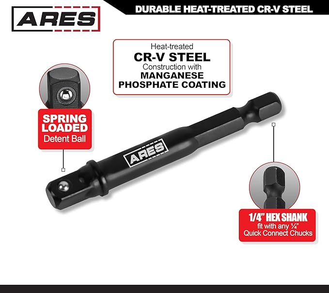 ARES 70382-6-Piece 3-Inch and 6-Inch Impact Grade Socket Adapter Set - Turns Impact Drill Driver into High Speed Socket Driver - 1/4-Inch, 3/8-Inch, and 1/2-Inch Drive Sizes