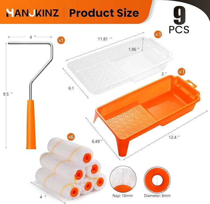 9 Pcs 4 Inch Small Paint Roller Kit with Microfiber Paint Roller Covers, Paint Tray with Liner, Mini Paint Roller for Painting Wall, Door, Cabinet