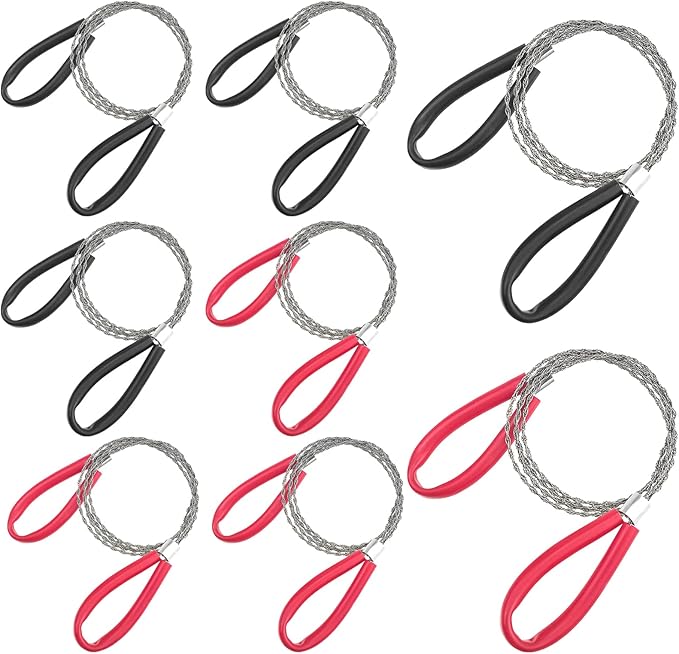 8 PACK Stainless Steel Wire Saw Emergency Saw Kit, 27Inch Light Weight for Wood Camping Hiking Hunting, Red, Black